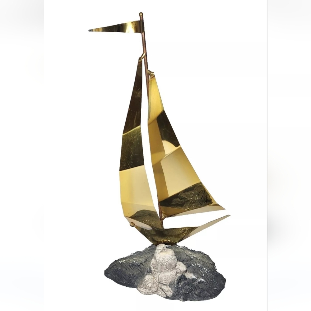 Vtg 10" Brass Sailboat Sailing Boat Sculpture Signed MCM Brutalist Mario Jason